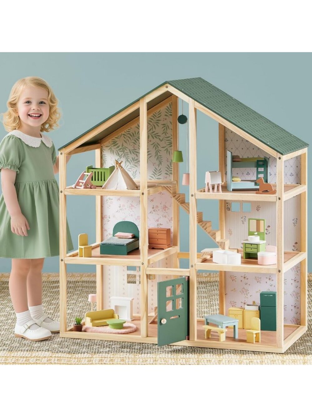 Charming Wooden Dollhouse for Girls - 6 Room Playset, Imaginative Fun & Decor